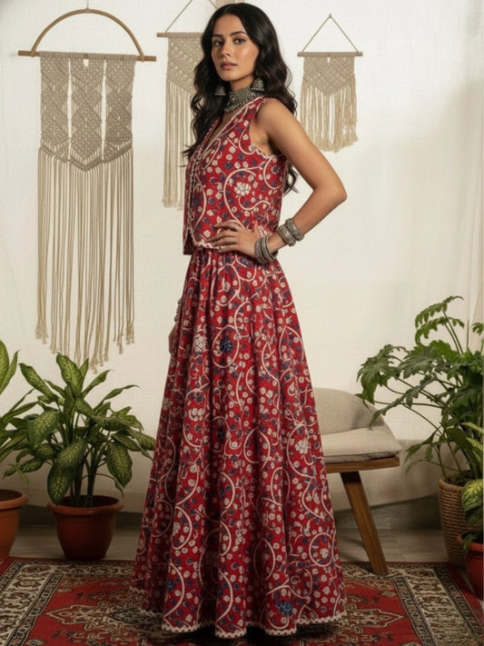 Women Red Cotton Lace detailing Waistcoat with Skirt Co-ord Set