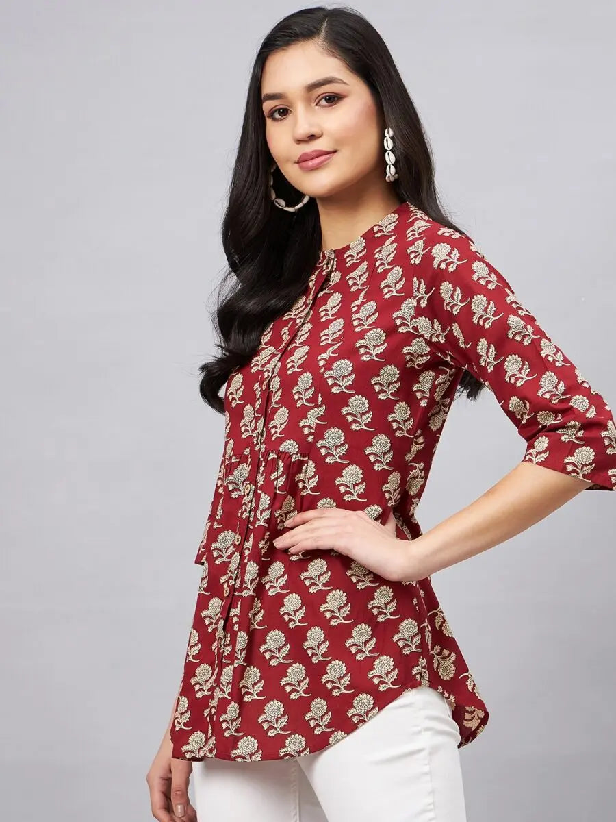 winered-woman-maroon-floral-print-front-opening-tunic
