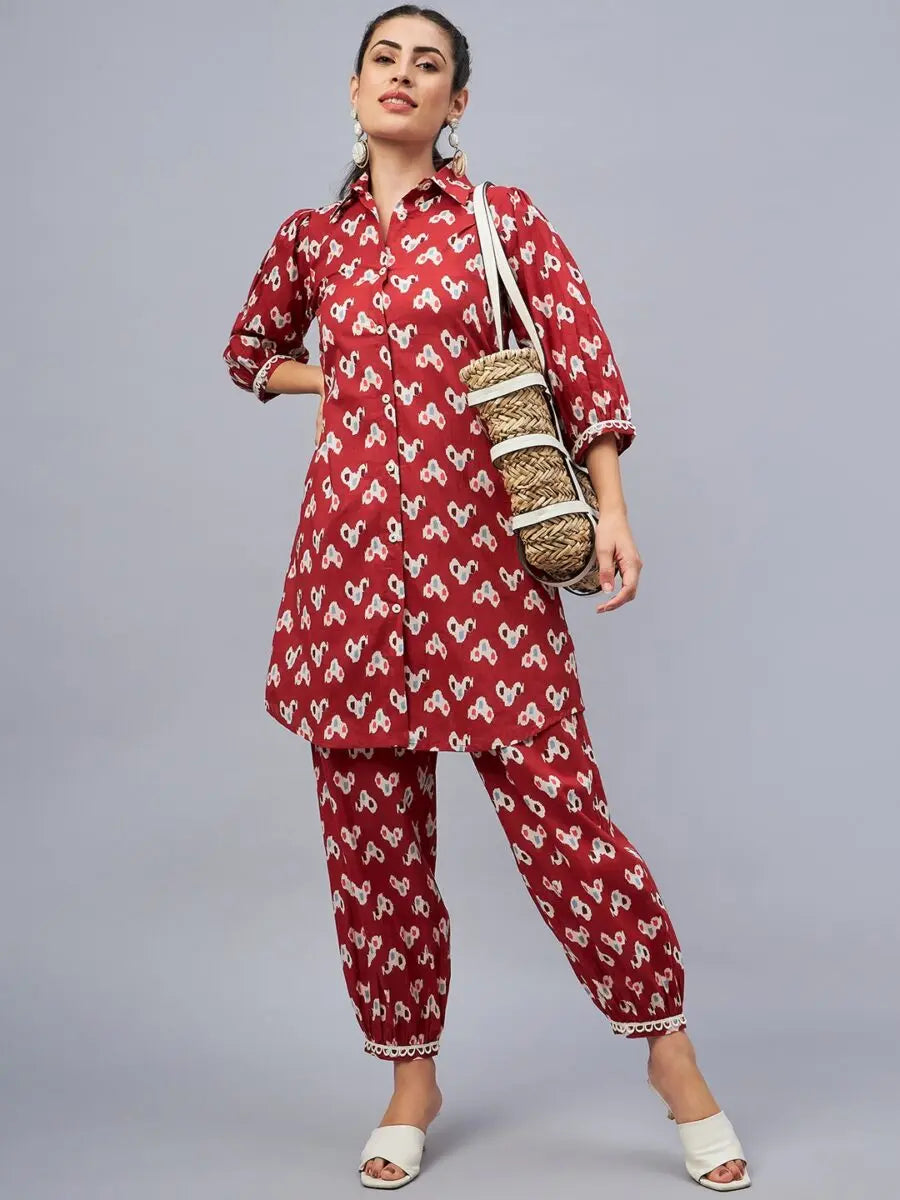 winered-rust-ikat-printed-front-opening-co-ord-set-for-women