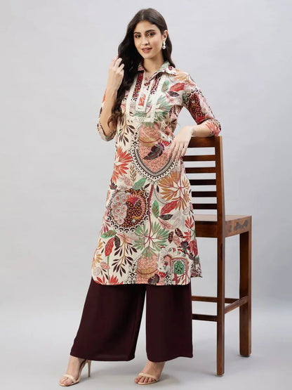 winered-women-beige-peacock-print-embroidered-neck-kurta