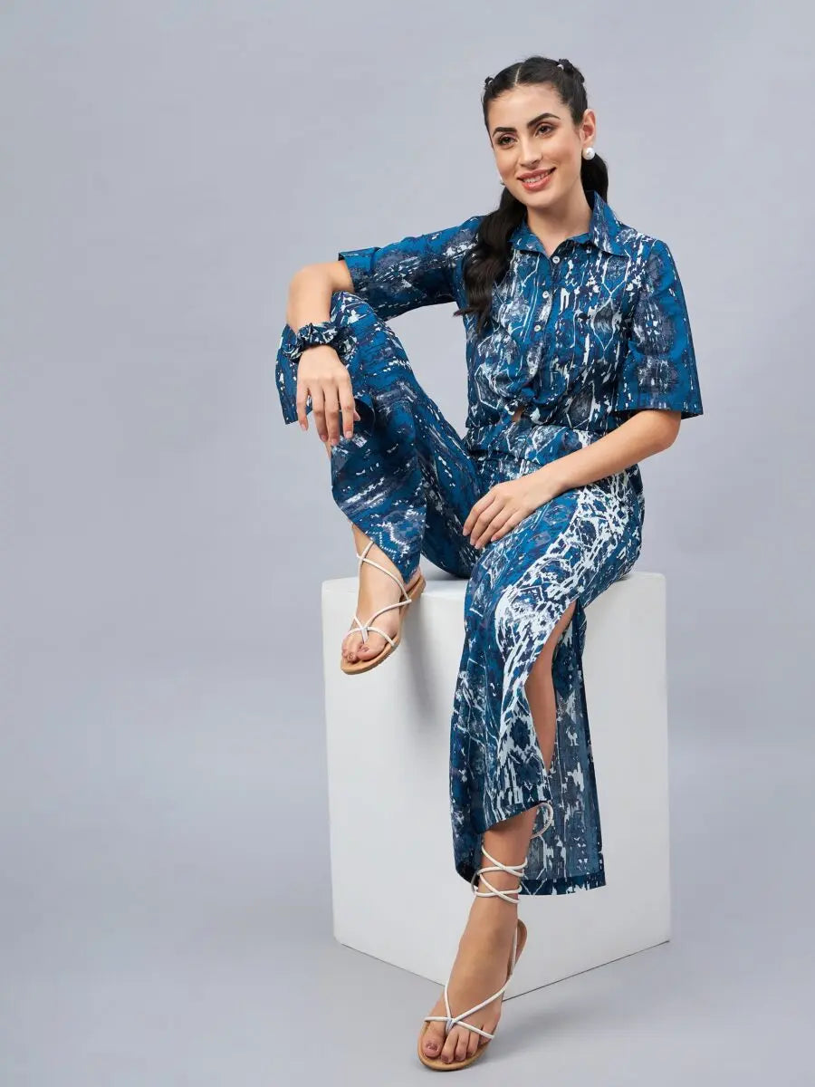 winered-woman-blue-front-knot-crop-shirt-with-flared-pant