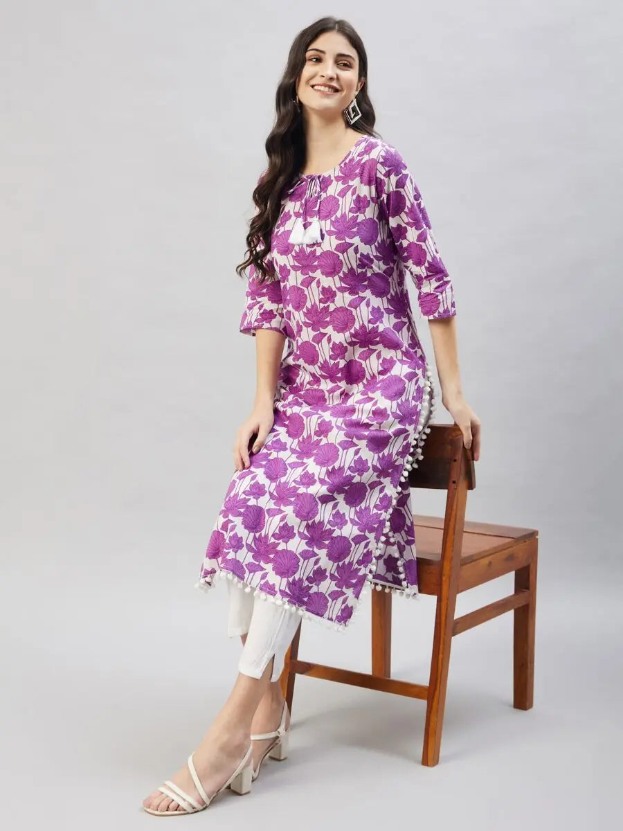 winered-women-purple-cotton-kurta-print-pom-pom-lace