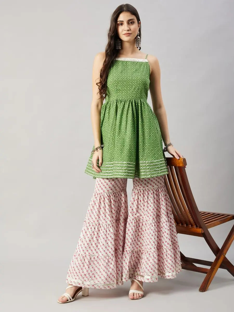 winered-woman-green-flared-kurti-sharara-set