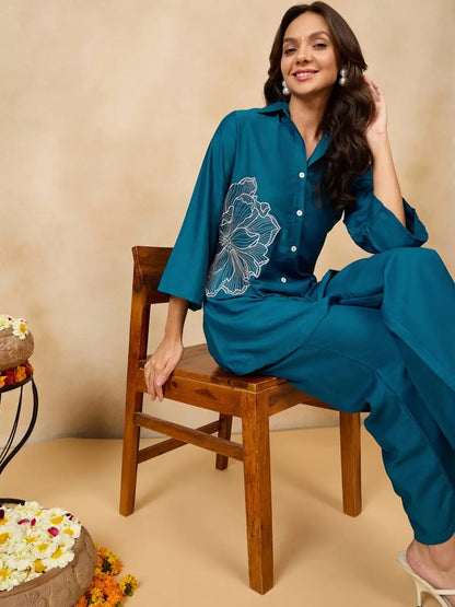 winered-woman-solid-blue-flower-embroidery-co-ord-set