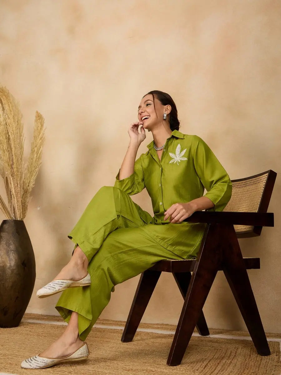 winered-woman-solid-green-leaf-embroidery-co-ord-set