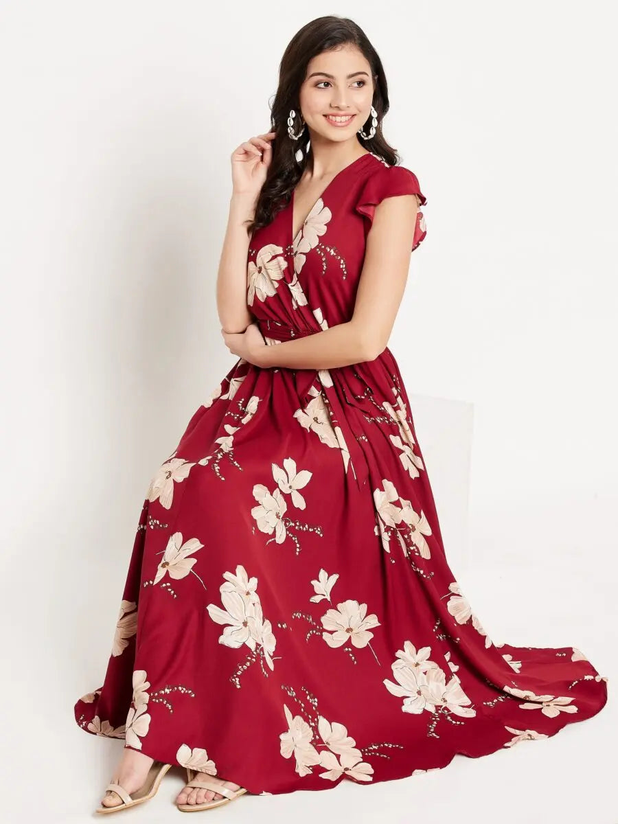 winered-indo-western-style-for-girls-maroon-floral-printed-butterfly-sleeve-belted-dress