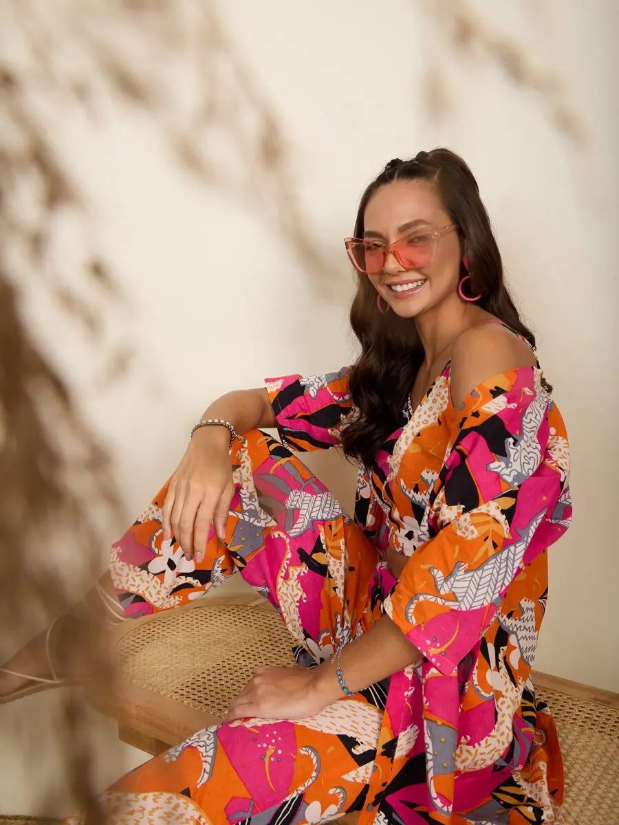 winered-women-orange-tiger-printed-3pcs-pant-set