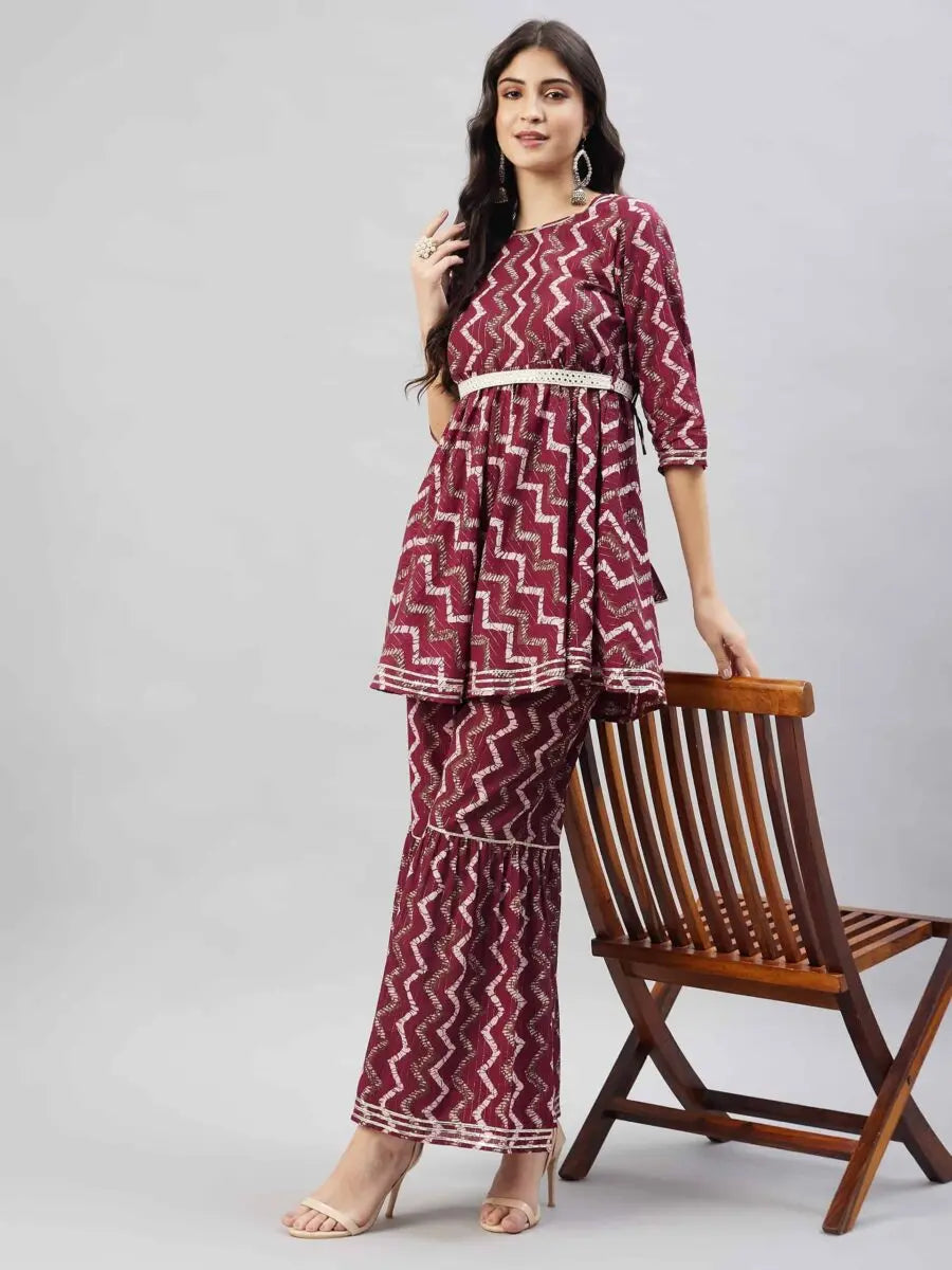 winered-woman-maroon-chevron-print-self-belt-sharara-set