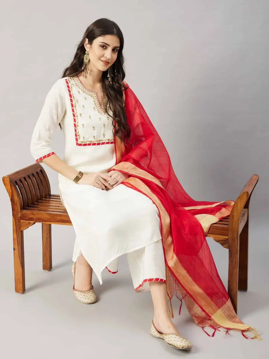 winered-woman-stylish-off-white-with-golden-neck-embroidery-red-dupatta-kurta-and-sets