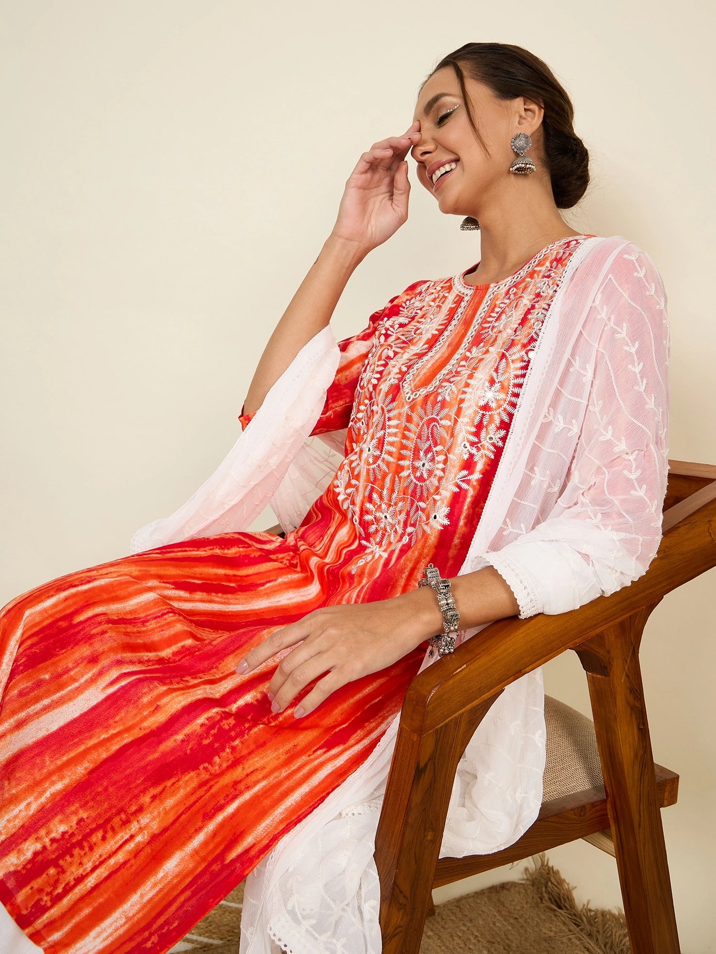 WineRed Woman Orange Embroidered Neck Straight Kurta set with Dupatta