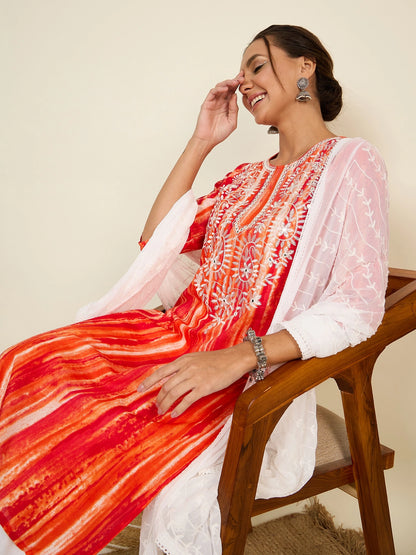 WineRed Woman Orange Embroidered Neck Straight Kurta set with Dupatta
