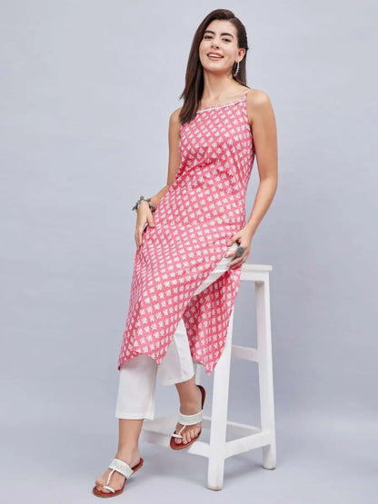 winered-women-pink-and-white-geometric-print-strap-kurta