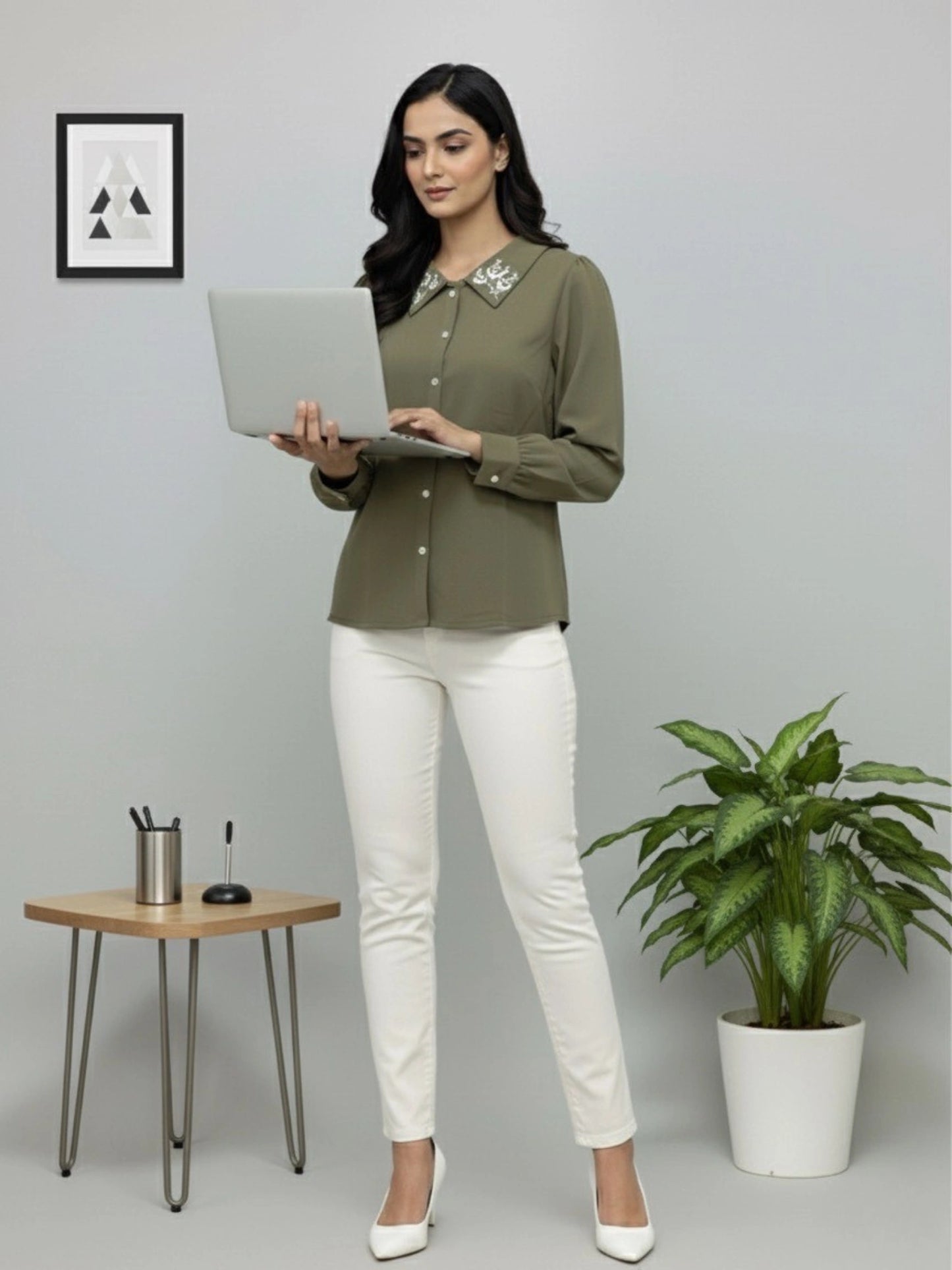 WineRed Women Olive Collared Shirt with Contrast Embriodery