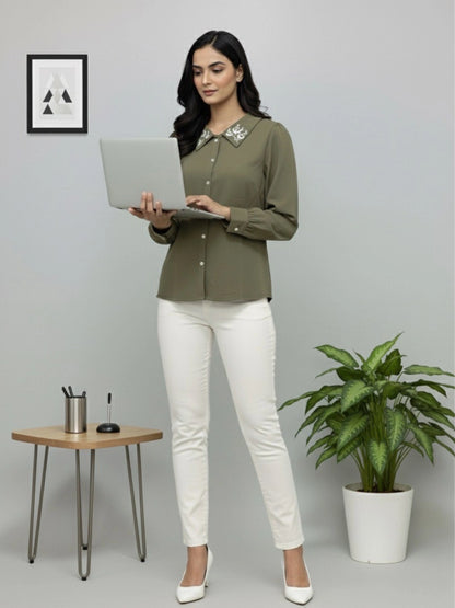 WineRed Women Olive Collared Shirt with Contrast Embriodery