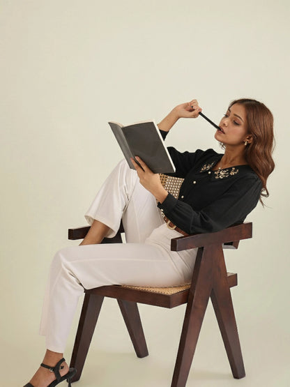 WineRed Women Black Collared Shirt with Contrast Embriodery