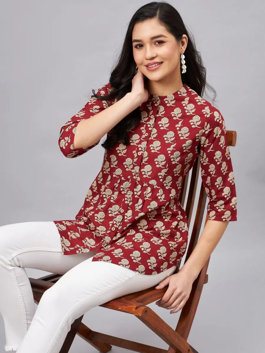 winered-woman-maroon-floral-print-front-opening-tunic