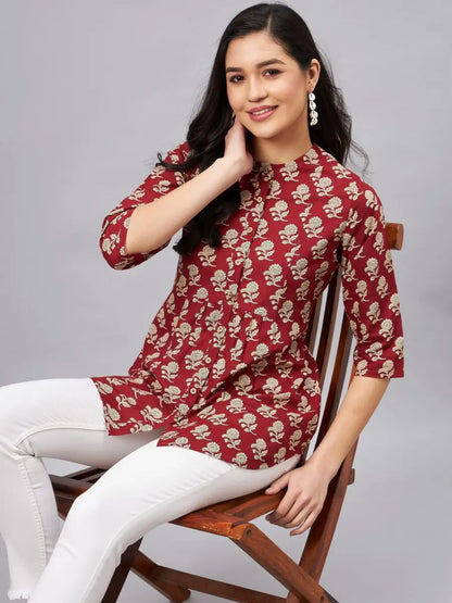 winered-woman-maroon-floral-print-front-opening-tunic
