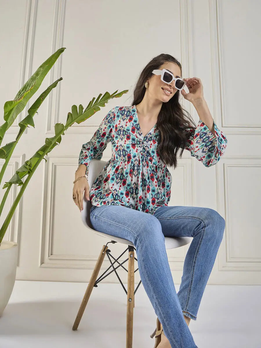 winered-women-printed-ruched-v-neck-top