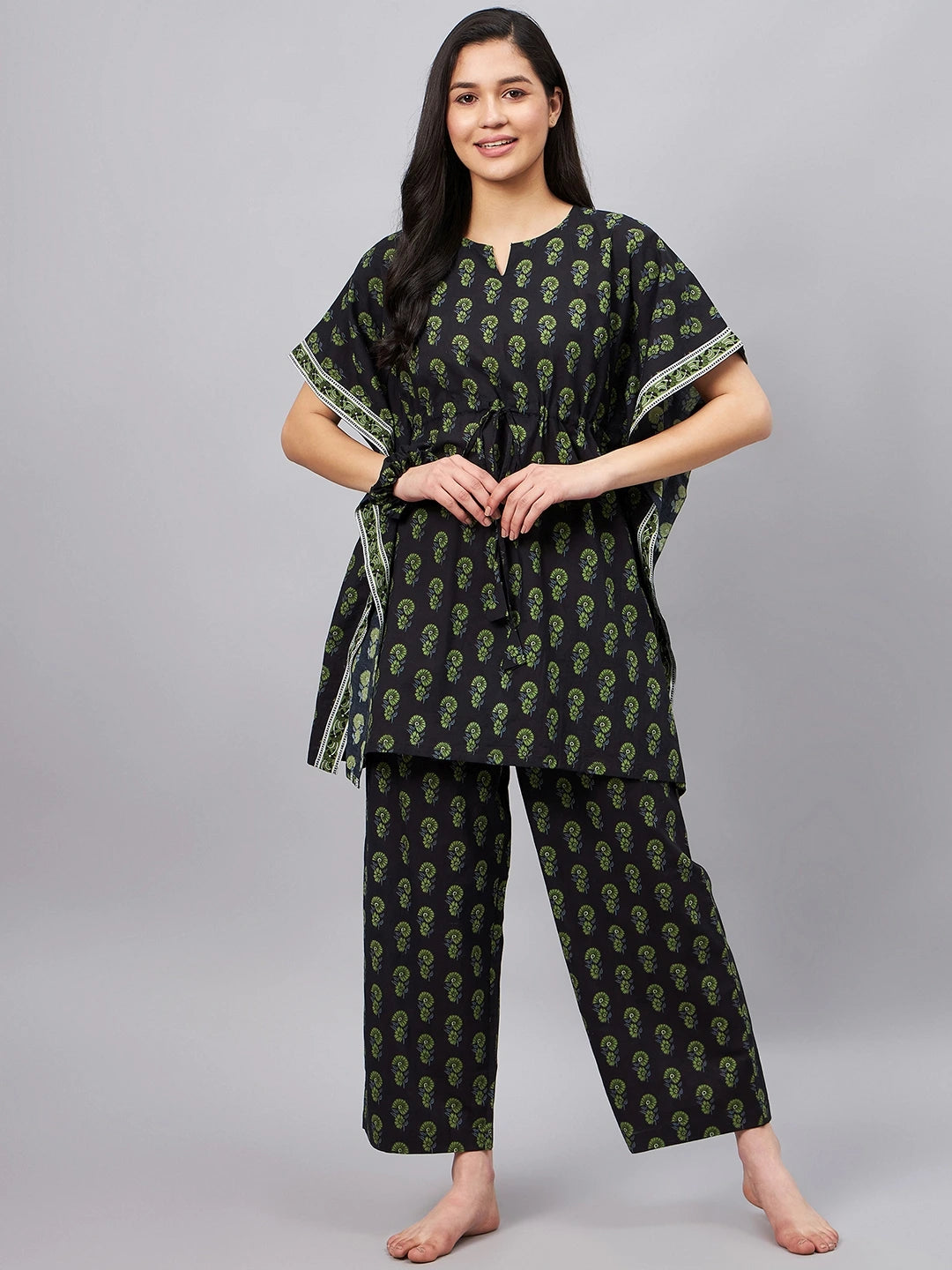 winered-woman-black-and-green-floral-print-kaftan-night-suit-set-with-scrunchie