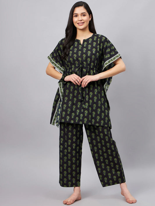 winered-woman-black-and-green-floral-print-kaftan-night-suit-set-with-scrunchie