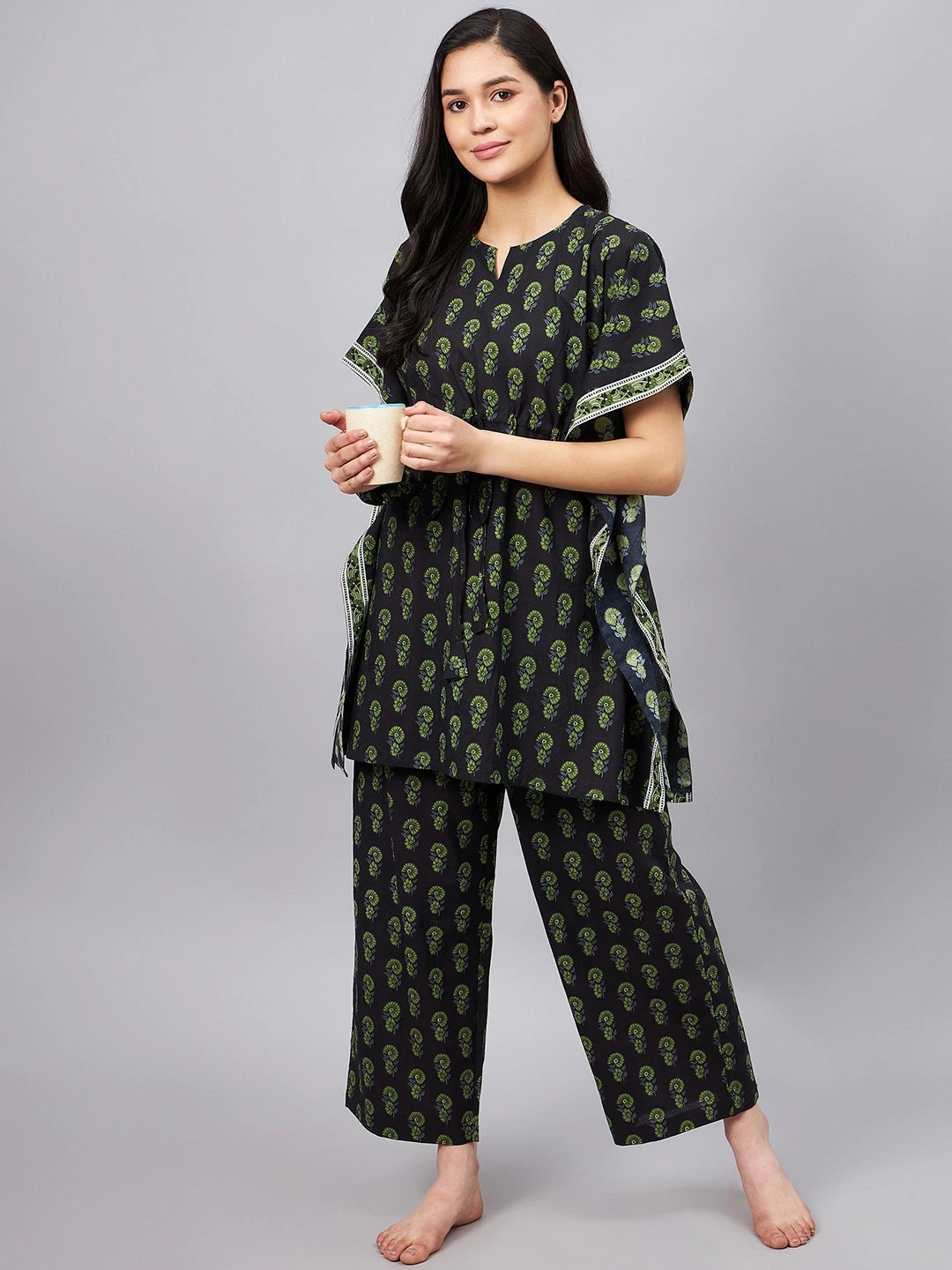 winered-woman-black-and-green-floral-print-kaftan-night-suit-set-with-scrunchie