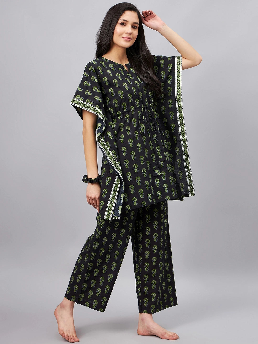 winered-woman-black-and-green-floral-print-kaftan-night-suit-set-with-scrunchie
