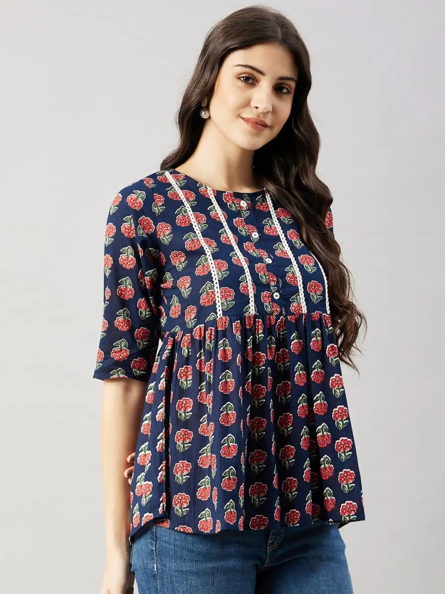 winered-women-blue-floral-print-yoke-lace-top