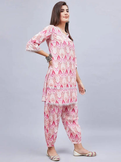winered-woman-pink-printed-lace-detailing-co-ord-set
