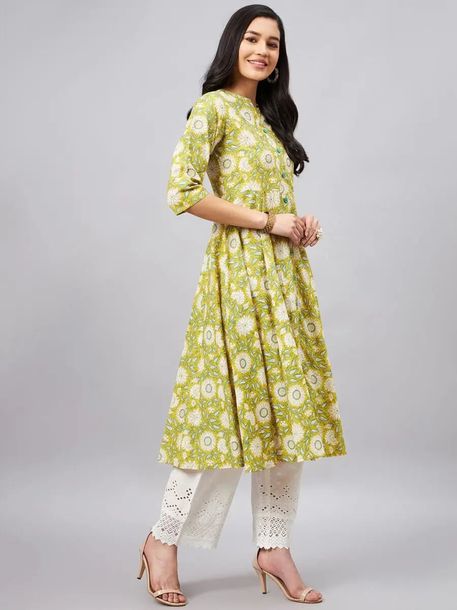 winered-women-yellow-floral-a-line-front-slit-kurta