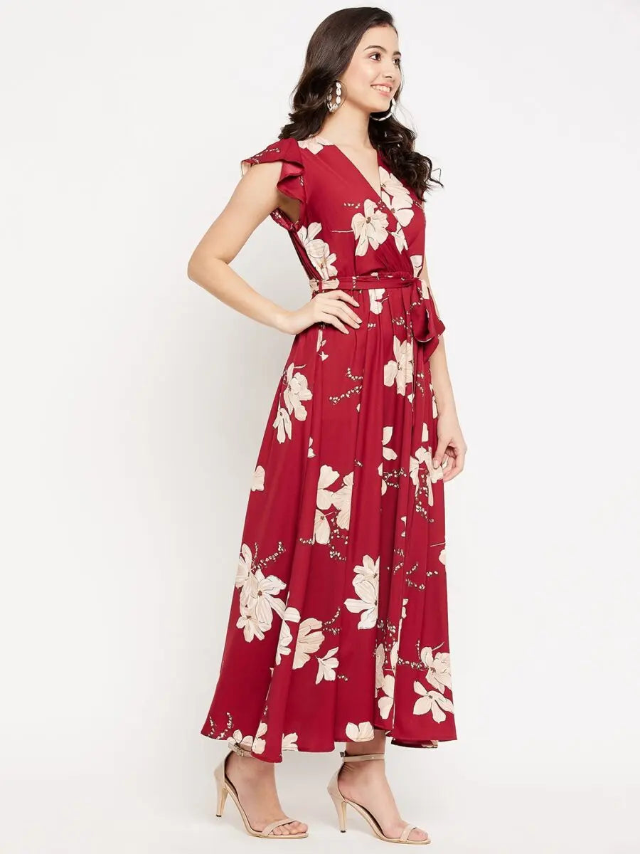 winered-indo-western-style-for-girls-maroon-floral-printed-butterfly-sleeve-belted-dress