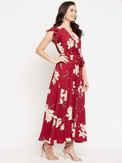winered-indo-western-style-for-girls-maroon-floral-printed-butterfly-sleeve-belted-dress