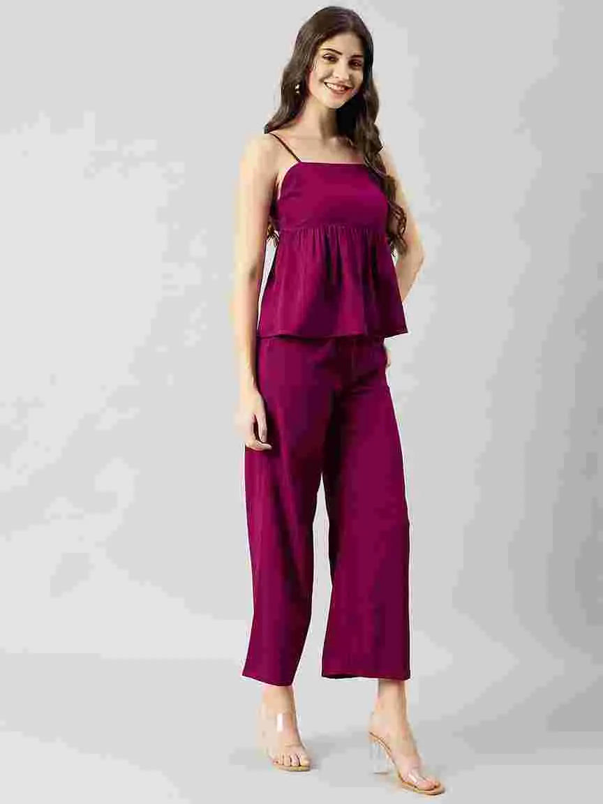 dark-purple-pleated-stitched-peplum-top-pant-co-ord-set-for-women