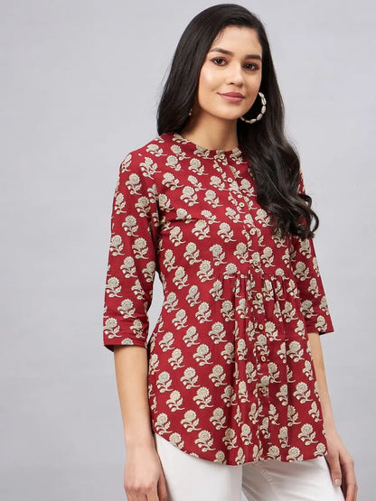 winered-woman-maroon-floral-print-front-opening-tunic