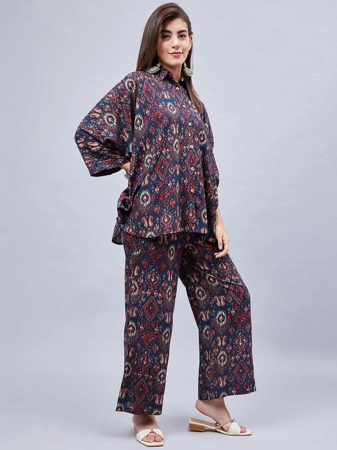 winered-woman-navy-blue-geometric-print-kaftan-ethnic-rayon-cotton-co-ord-set