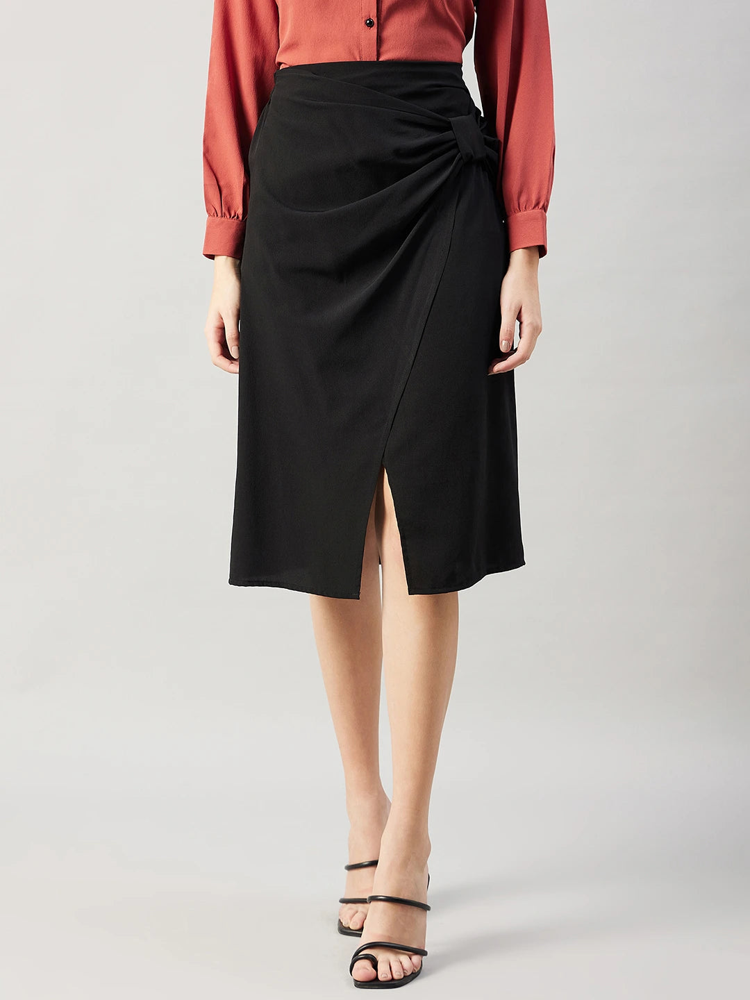 winered-woman-black-side-bow-crepe-skirt