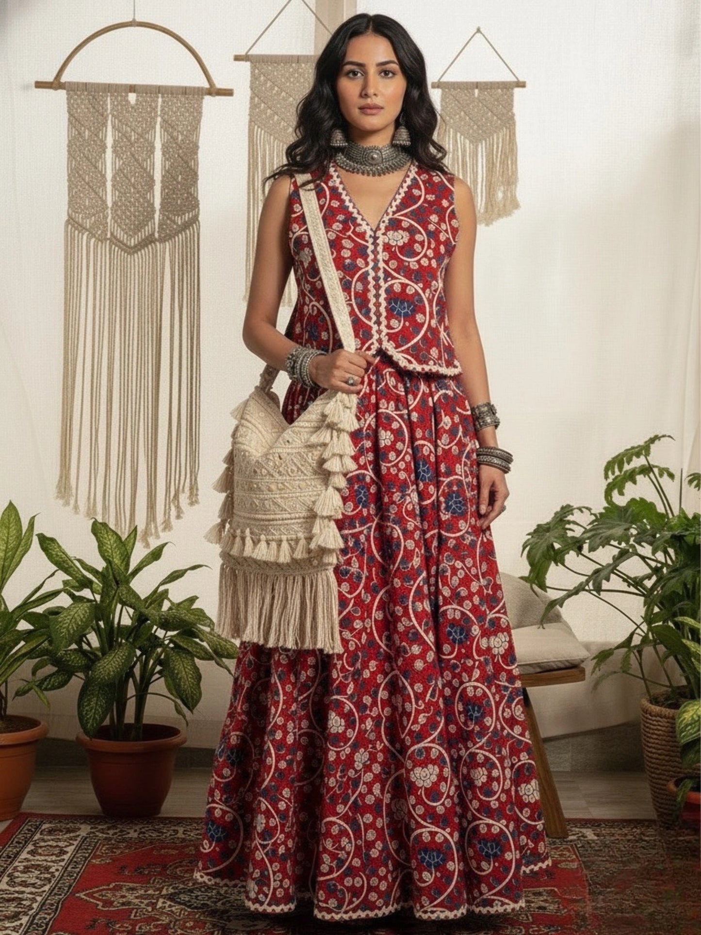 Women Red Cotton Lace detailing Waistcoat with Skirt Co-ord Set