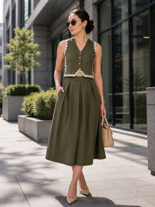 Women Olive Green Vest & Skirt Co-ord Set