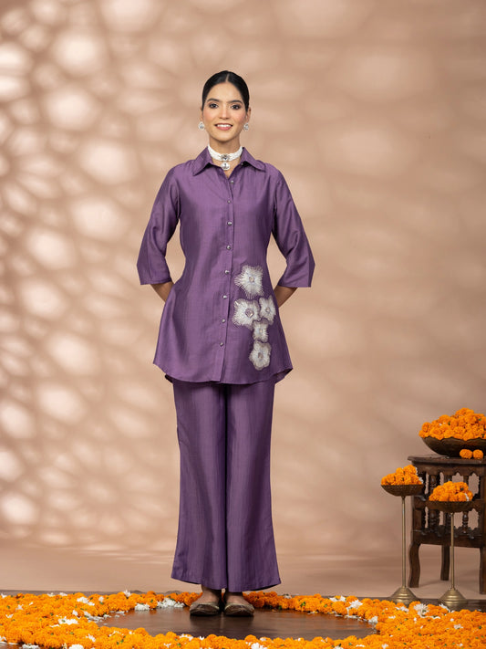 Women Purple Embroidered Polyester Shirt & Pant Co-ord Set