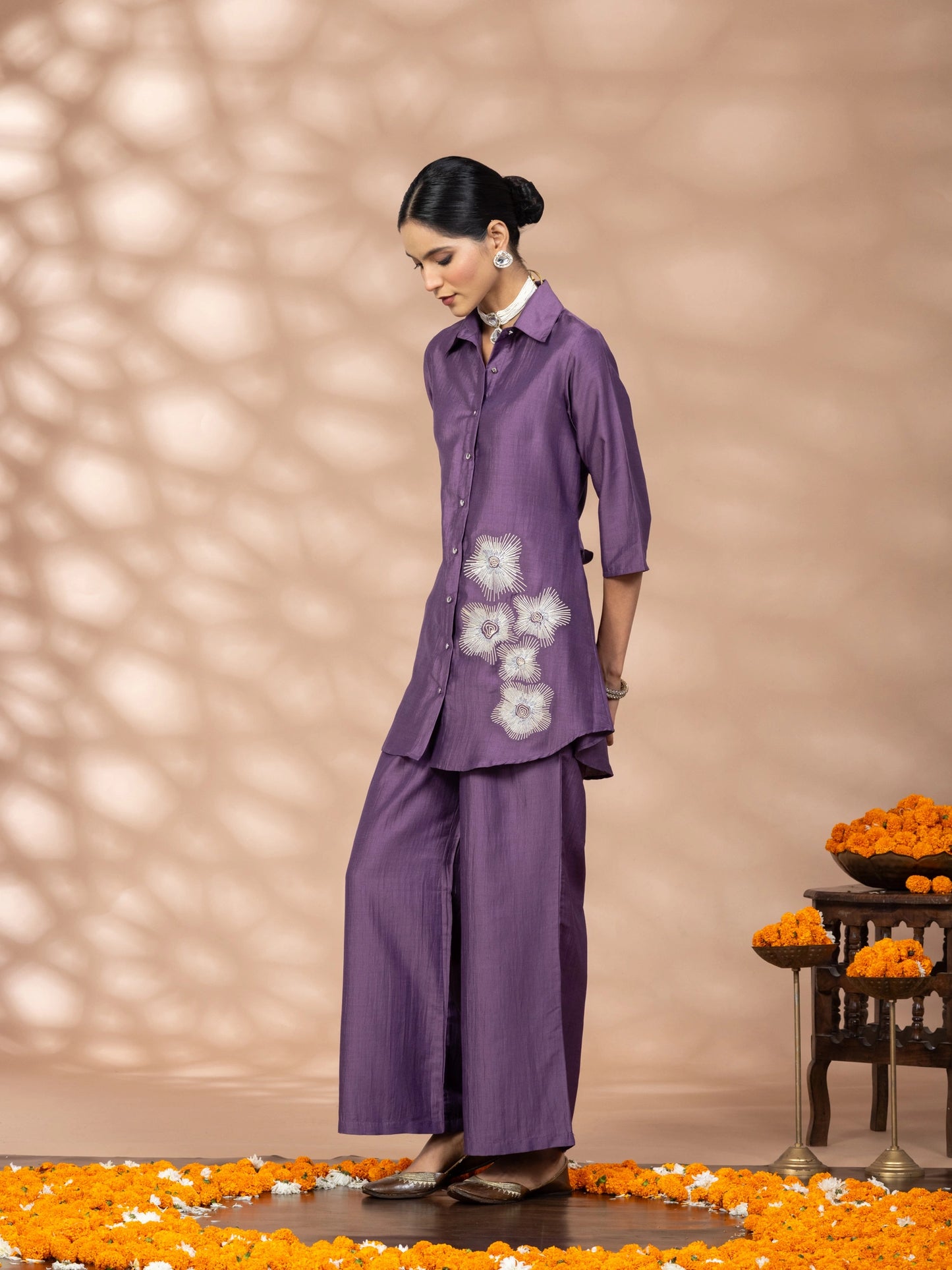 Women Purple Embroidered Polyester Shirt & Pant Co-ord Set