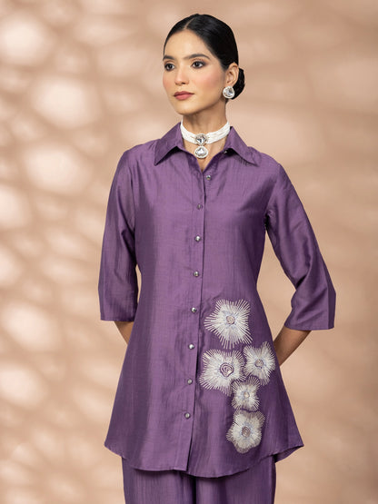 Women Purple Embroidered Polyester Shirt & Pant Co-ord Set