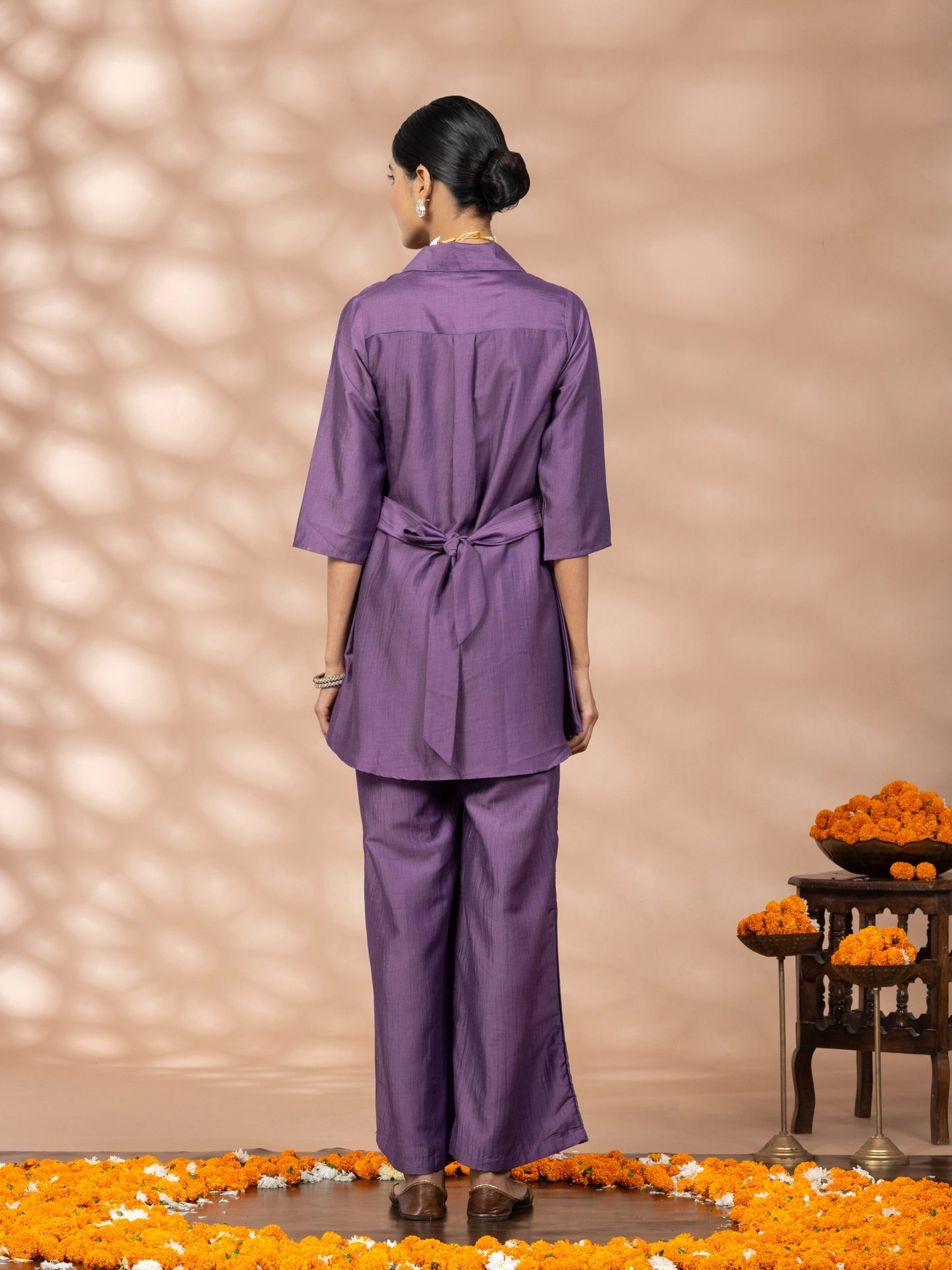 Women Purple Embroidered Polyester Shirt & Pant Co-ord Set