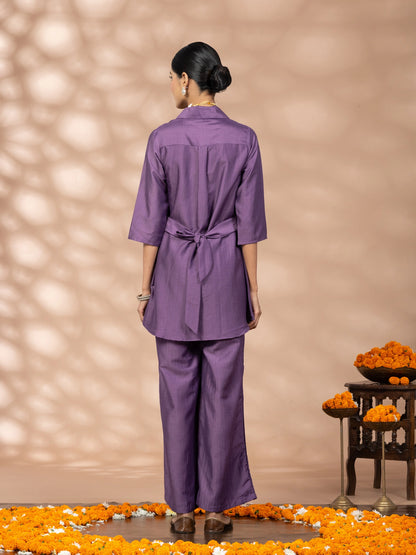Women Purple Embroidered Polyester Shirt & Pant Co-ord Set