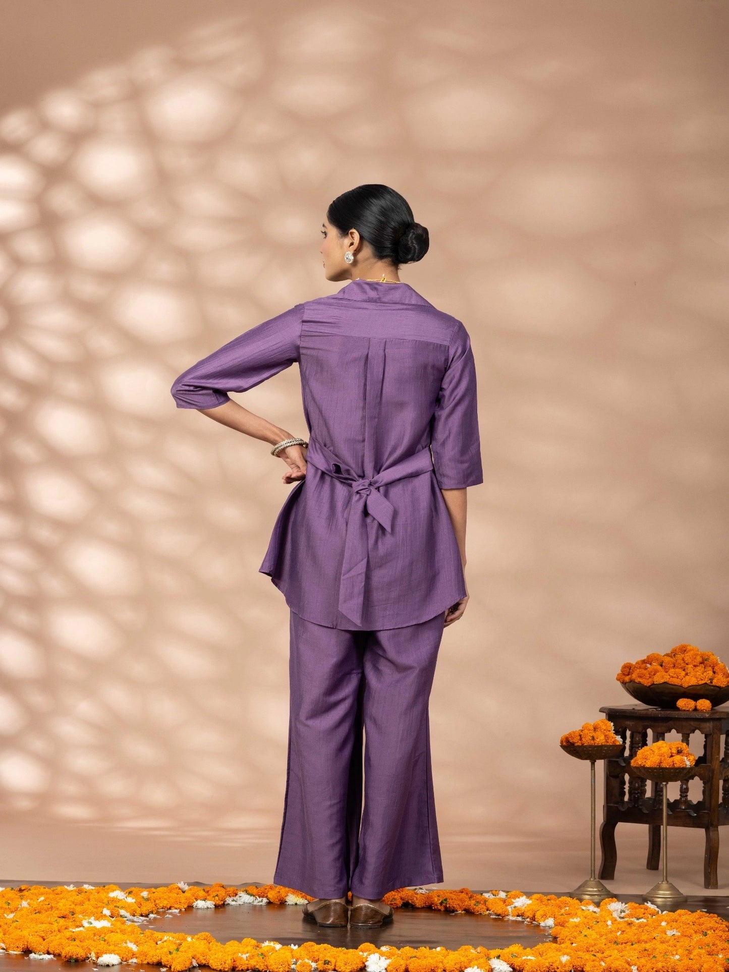 Women Solid Purple Leaf Embroidery Co-Ord Set
