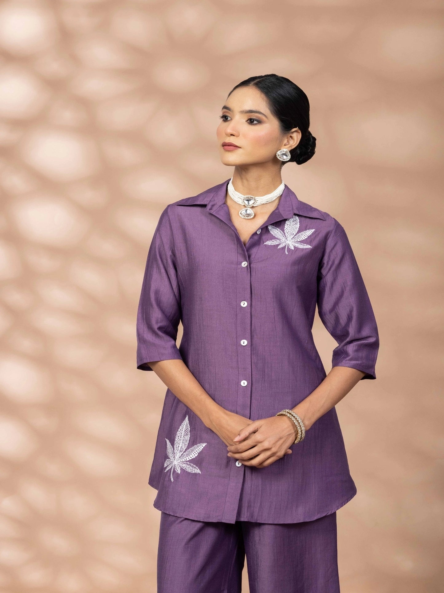 Women Solid Purple Leaf Embroidery Co-Ord Set