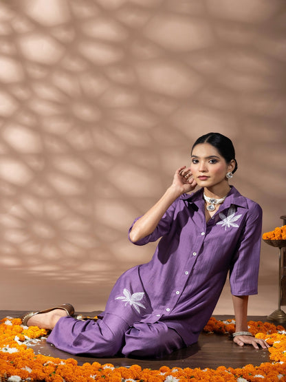 Women Solid Purple Leaf Embroidery Co-Ord Set