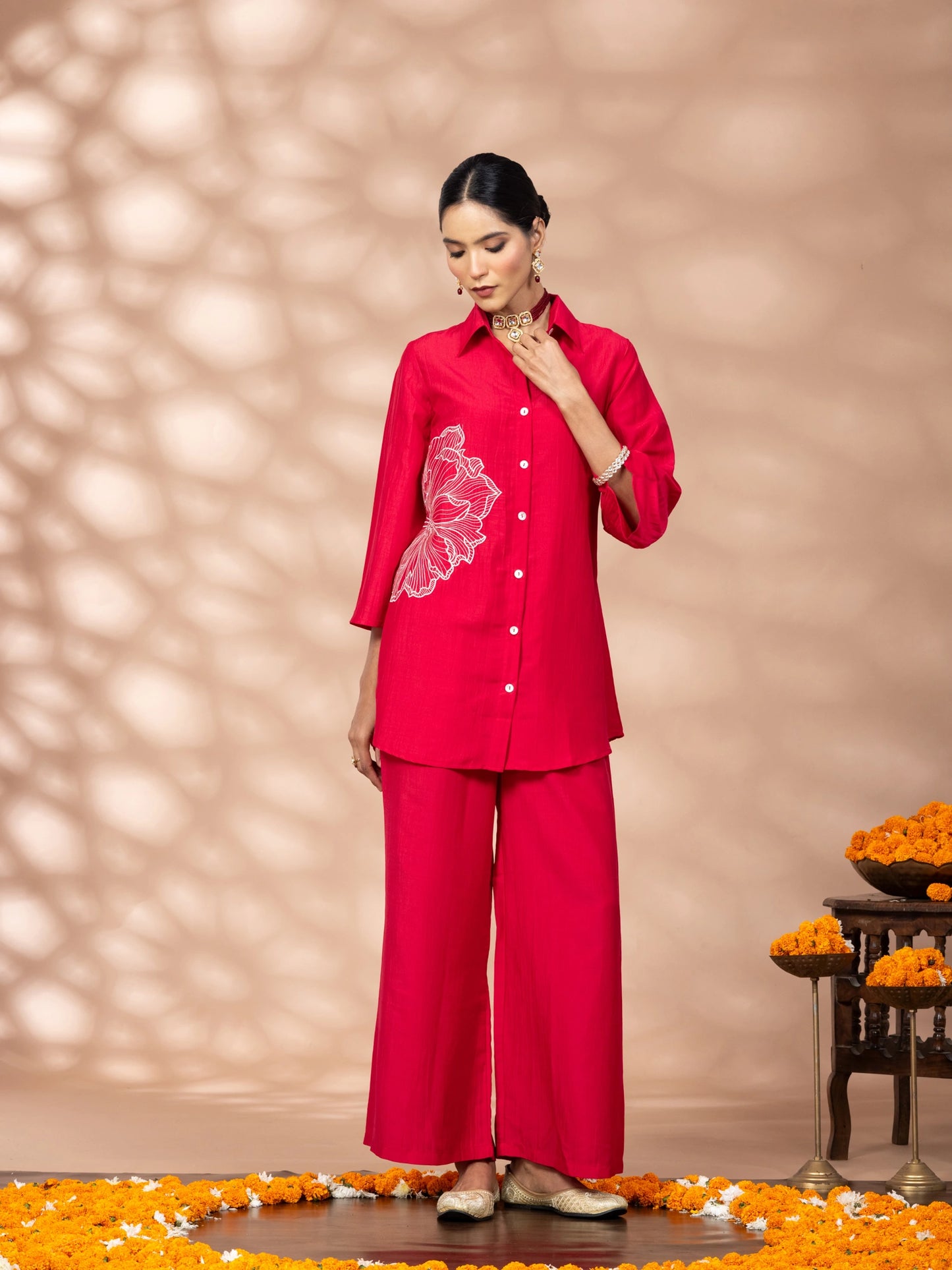 WineRed Women Solid Red Flower Embroidery Co-Ord Set
