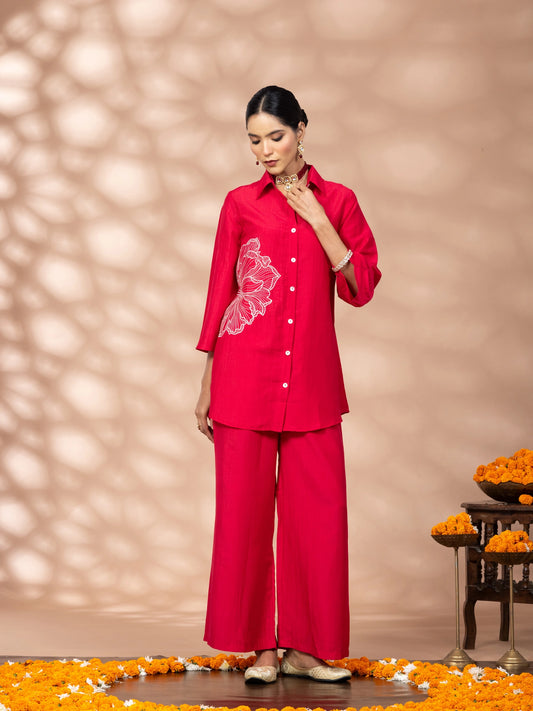 WineRed Women Solid Red Flower Embroidery Co-Ord Set
