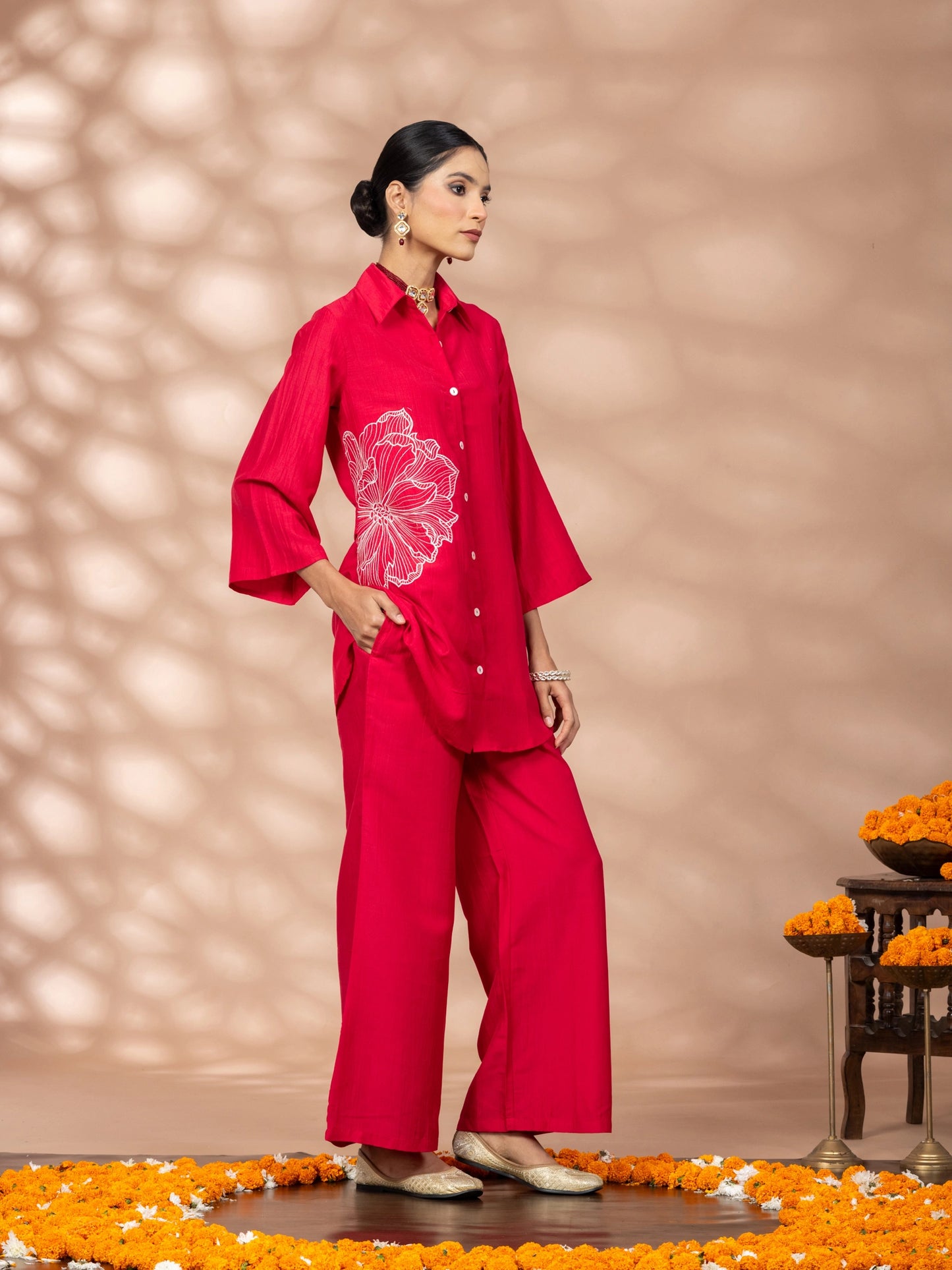 WineRed Women Solid Red Flower Embroidery Co-Ord Set