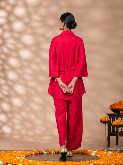 WineRed Women Solid Red Flower Embroidery Co-Ord Set