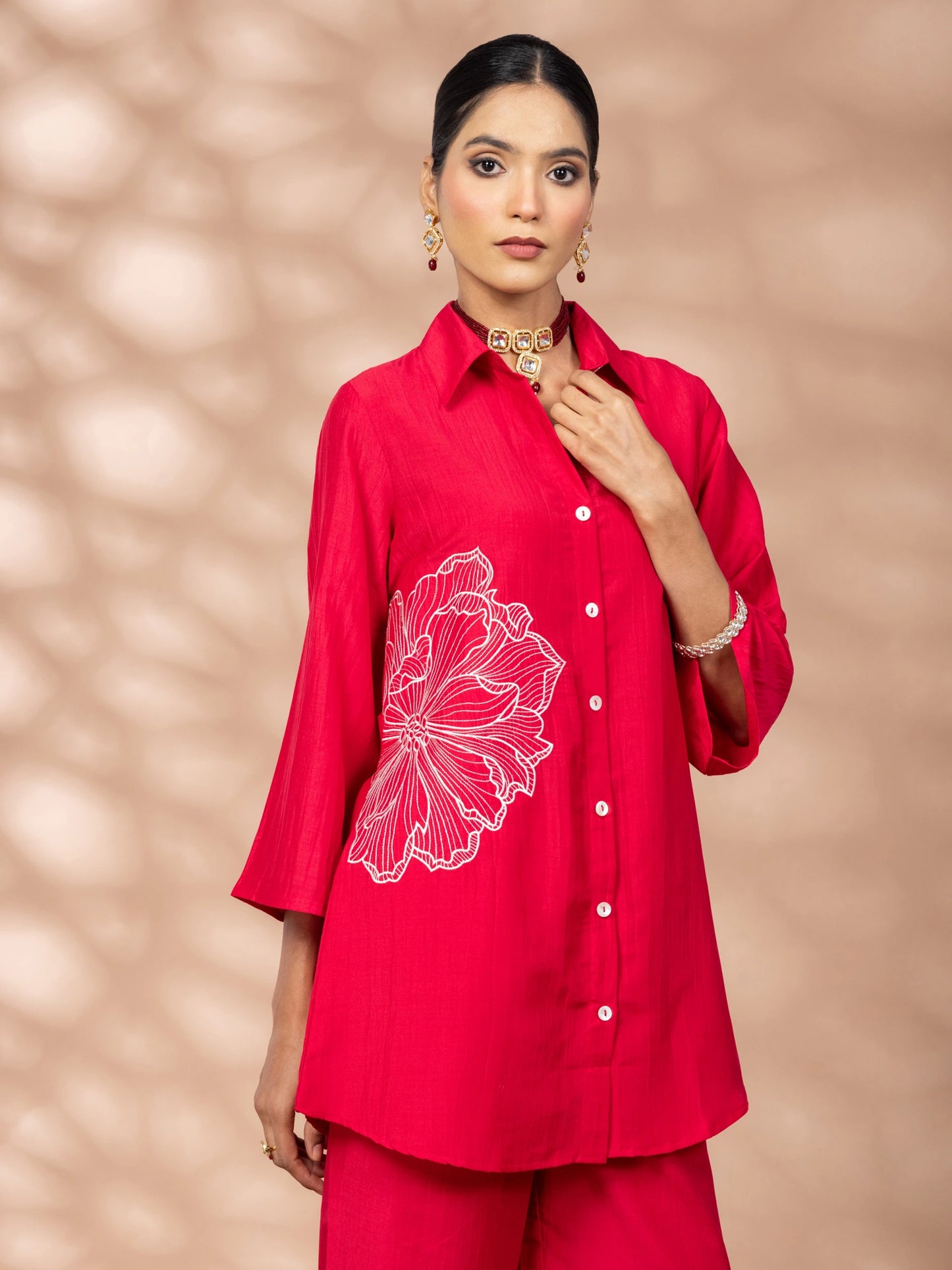 WineRed Women Solid Red Flower Embroidery Co-Ord Set
